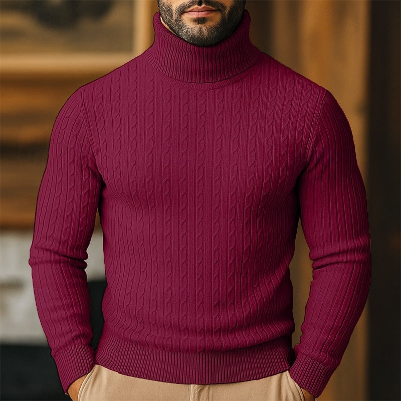 Men's Close-Cut Twisted Cable Roll Neck Jumper - Wine