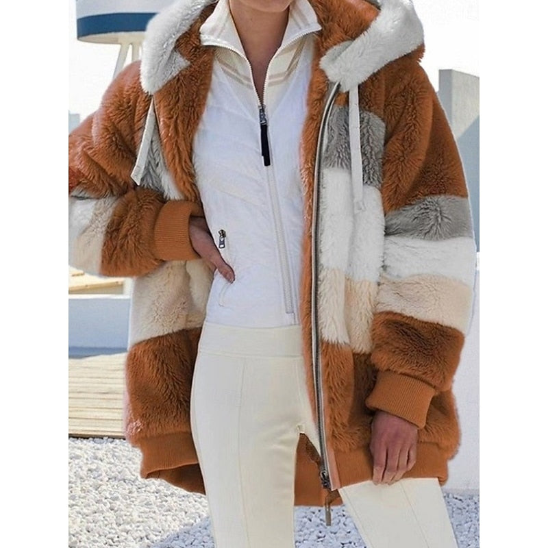 Women's Full-Zip Plush Hooded Jacket in a Roomy Cut - Orange