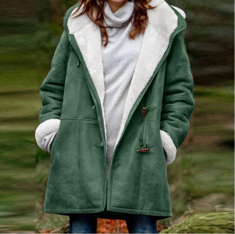 Women's Showerproof Fleece-Lined Duffle Coat with Toggles - Dark Green