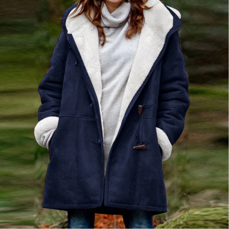 Women's Showerproof Fleece-Lined Duffle Coat with Toggles - Navy Blue
