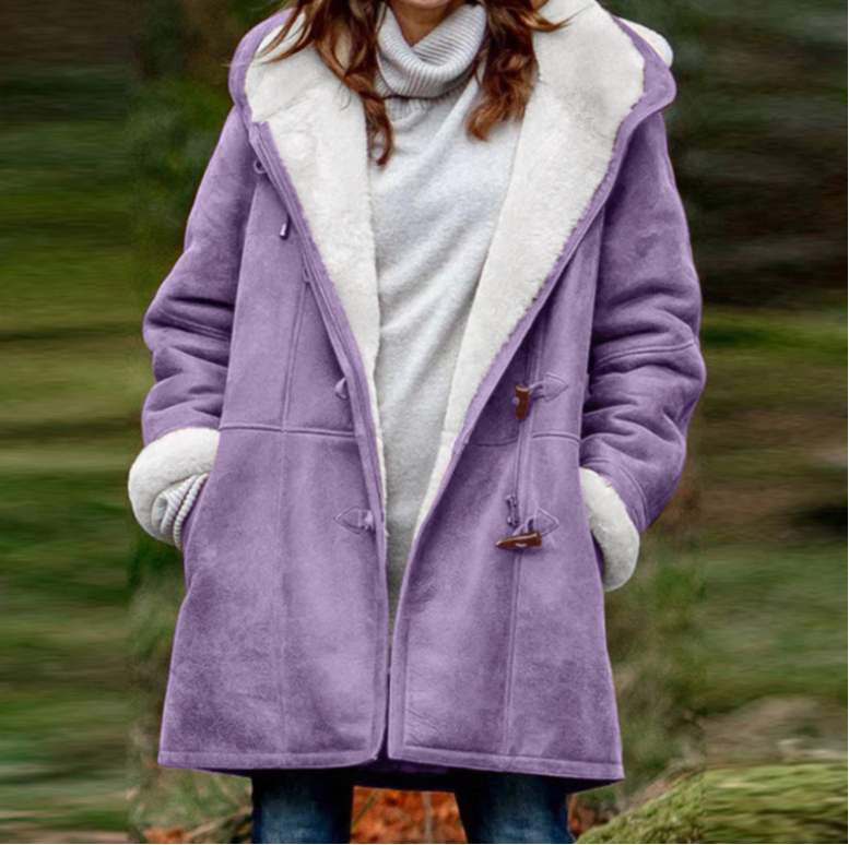 Women's Showerproof Fleece-Lined Duffle Coat with Toggles - Light Purple