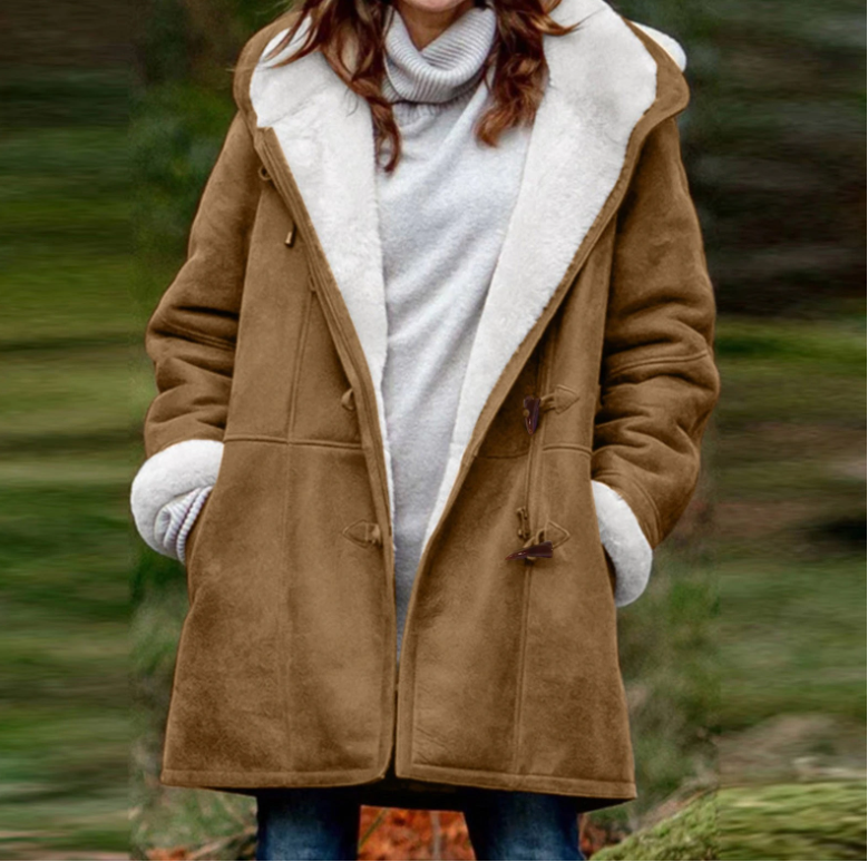Women's Showerproof Fleece-Lined Duffle Coat with Toggles - Brown