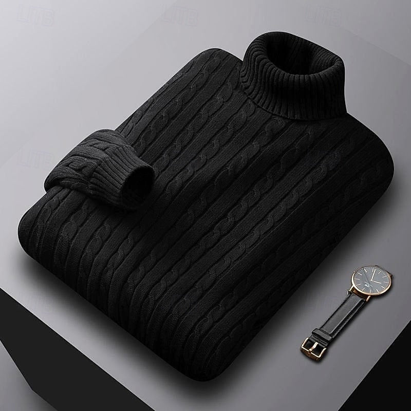 Men's Warm Stretch-Knit Cable Roll Neck for Office and Weekend - Black