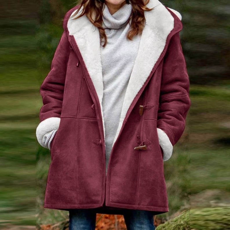 Women's Showerproof Fleece-Lined Duffle Coat with Toggles - Wine Red