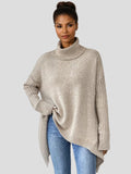 Women's Oversized Folded Polo Neck Jumper with Asymmetric Hem - Beige