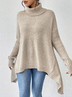 Women's Oversized Folded Polo Neck Jumper with Asymmetric Hem