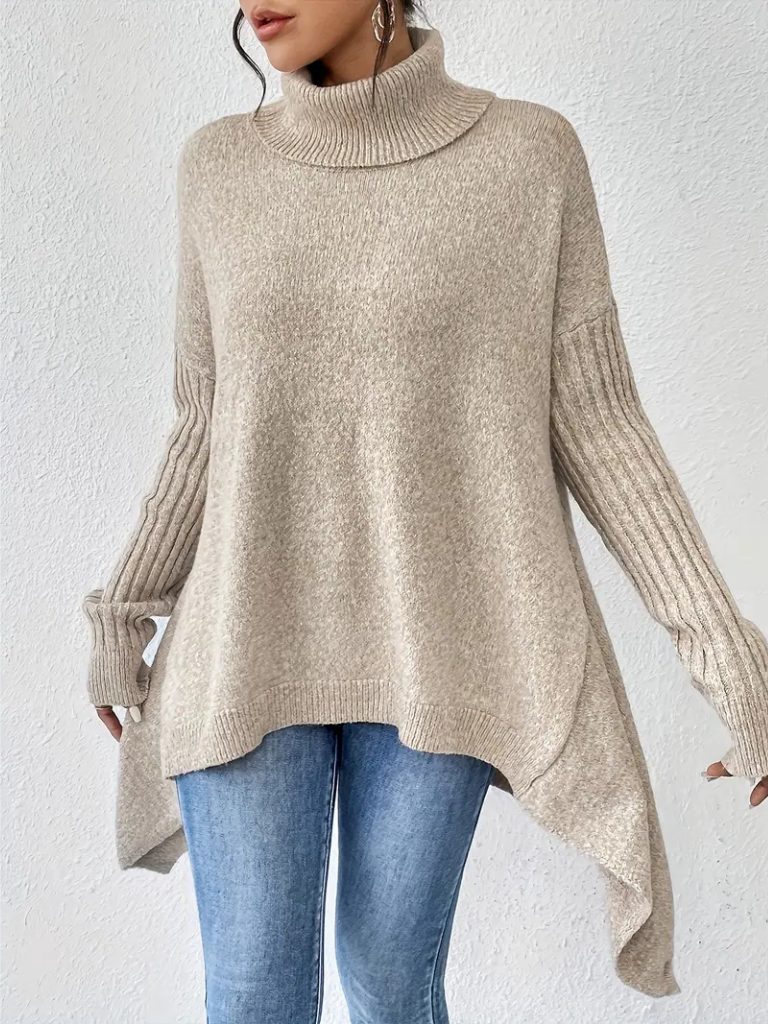 Women's Oversized Folded Polo Neck Jumper with Asymmetric Hem