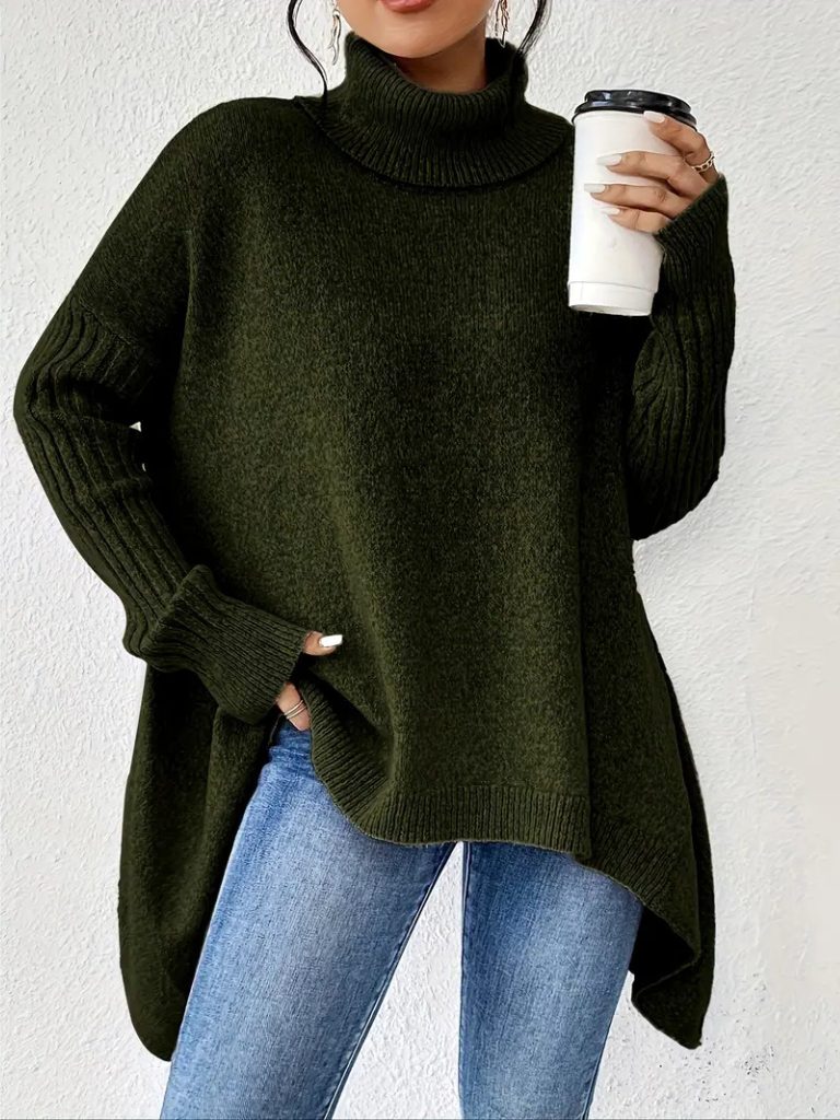 Women's Oversized Folded Polo Neck Jumper with Asymmetric Hem - Dark Green