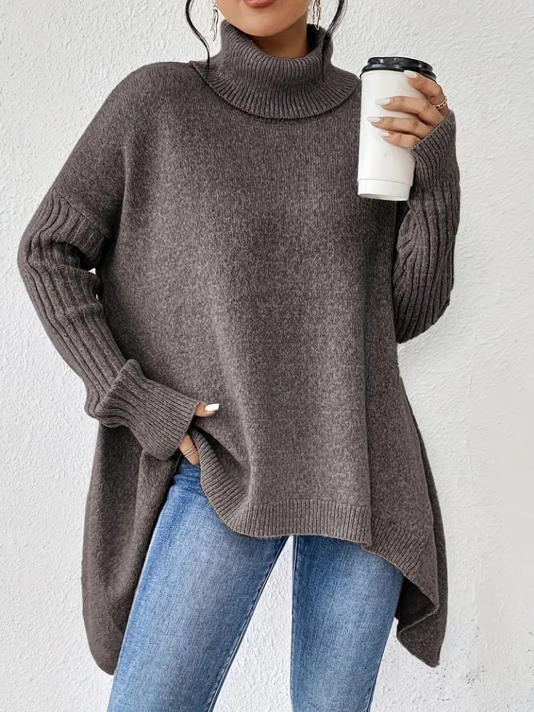 Women's Oversized Folded Polo Neck Jumper with Asymmetric Hem - Taupe