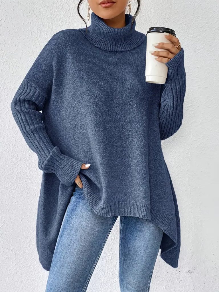 Women's Oversized Folded Polo Neck Jumper with Asymmetric Hem - Blue