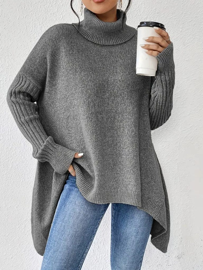 Women's Oversized Folded Polo Neck Jumper with Asymmetric Hem - Grey