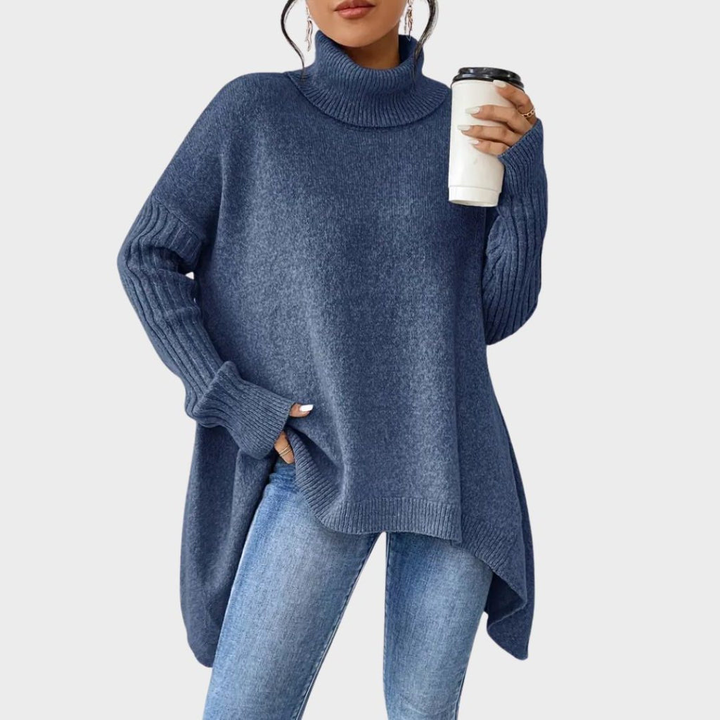 Women's Oversized Folded Polo Neck Jumper with Asymmetric Hem