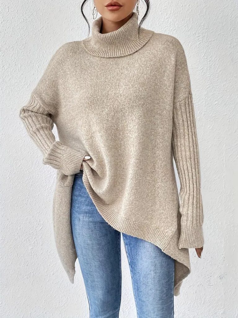 Women's Oversized Folded Polo Neck Jumper with Asymmetric Hem