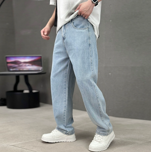 Men's Generous-Fit Straight Jeans with Five Pockets - Light Blue