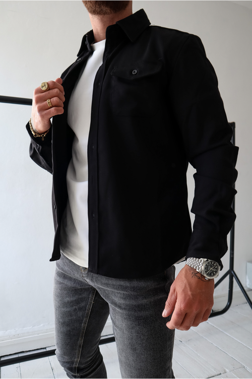Men's Between-Seasons Shirt Jacket with Button Chest Pockets - Black