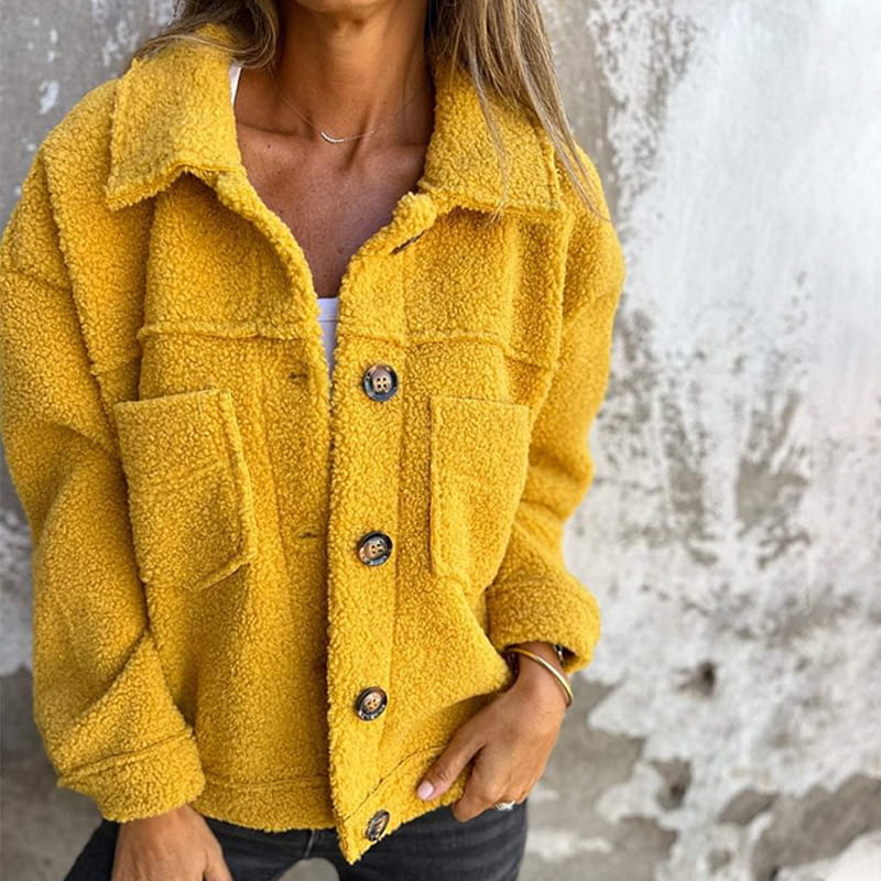 Women's Soft-Lined Fluffy Teddy Jacket with Generous Collar - Mustard Yellow