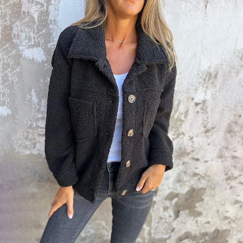 Women's Soft-Lined Fluffy Teddy Jacket with Generous Collar - Black