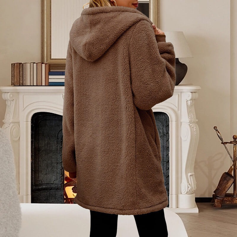 Women's Plush Hooded Teddy Jacket with Ribbed Wrists