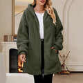 Women's Plush Hooded Teddy Jacket with Ribbed Wrists - Olive Green