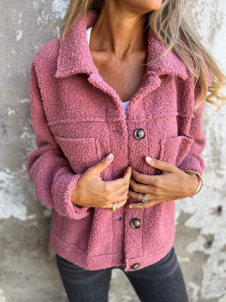 Women's Soft-Lined Fluffy Teddy Jacket with Generous Collar - Pink