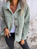 Women's Soft-Lined Fluffy Teddy Jacket with Generous Collar - Sage Green