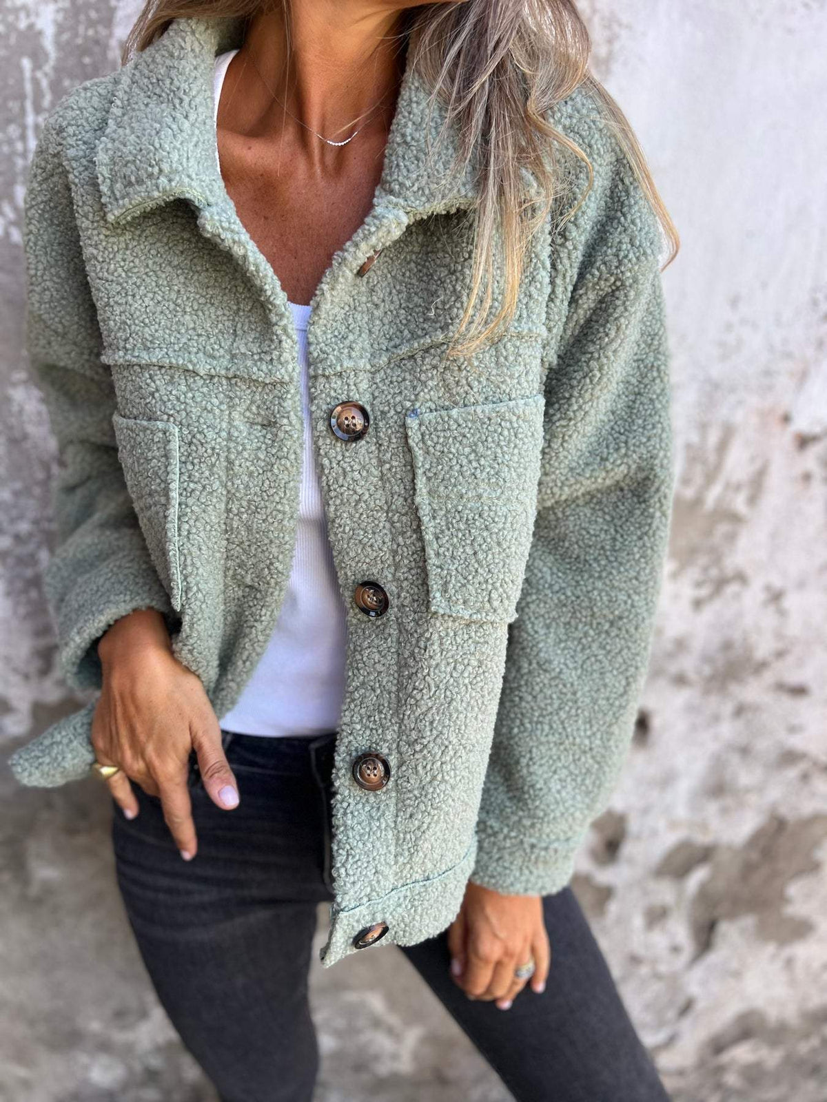 Women's Soft-Lined Fluffy Teddy Jacket with Generous Collar - Sage Green