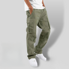Men's Stitched-Panel Straight-Leg Cargo Trousers with Flap Pockets - Green