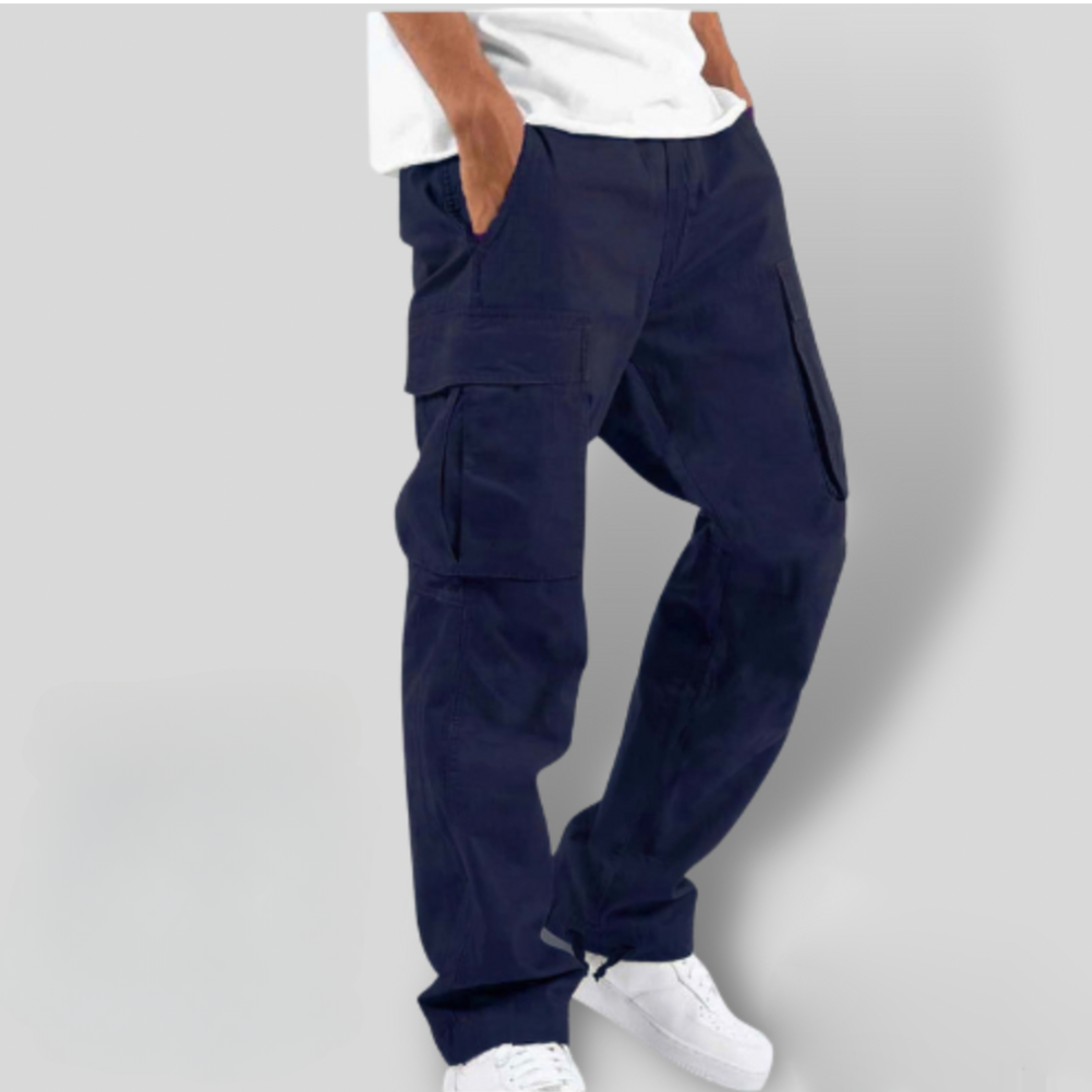 Men's Stitched-Panel Straight-Leg Cargo Trousers with Flap Pockets - Dark Blue