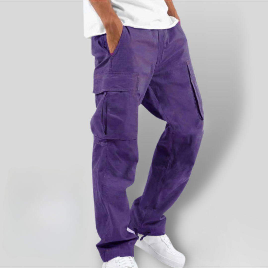 Men's Stitched-Panel Straight-Leg Cargo Trousers with Flap Pockets - Purple