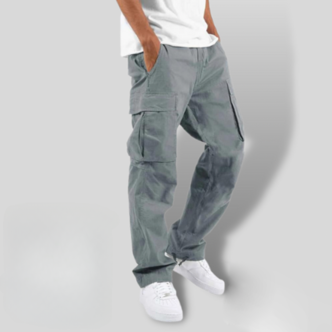 Men's Stitched-Panel Straight-Leg Cargo Trousers with Flap Pockets - Light Grey