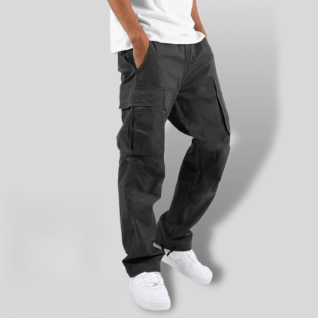 Men's Stitched-Panel Straight-Leg Cargo Trousers with Flap Pockets - Dark Grey