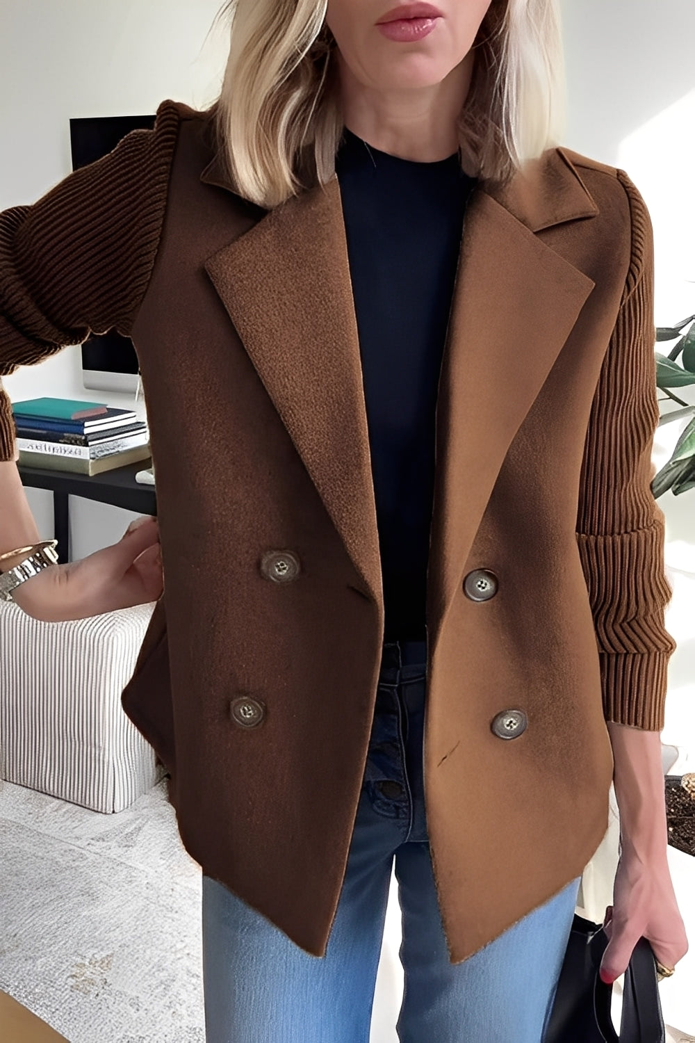 Women's Tailored Hybrid Coat with Ribbed Knit Sleeves and Notch Lapels - Brown