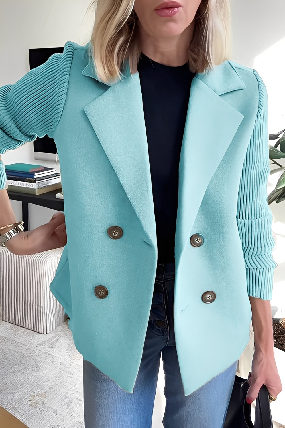 Women's Tailored Hybrid Coat with Ribbed Knit Sleeves and Notch Lapels - Light Blue