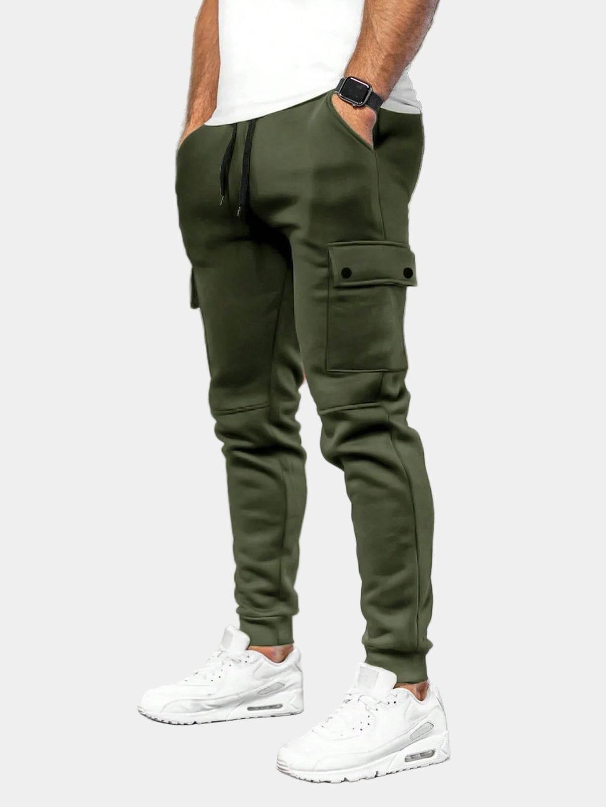 Men's Flap-Pocket Cargo Tracksuit Bottoms with Tapered Leg - Olive Green