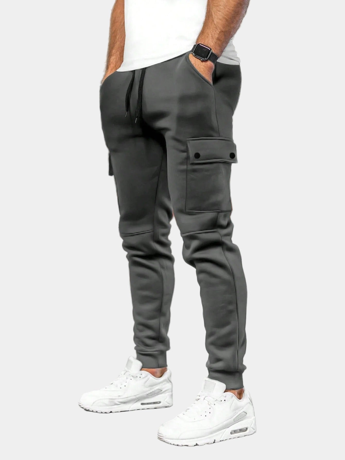 Men's Flap-Pocket Cargo Tracksuit Bottoms with Tapered Leg - Dark Grey