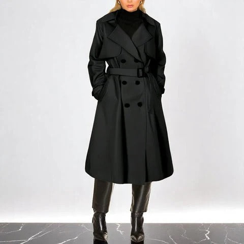 Women's Wide-Lapel Gabardine Trench Coat with Adjustable Belt