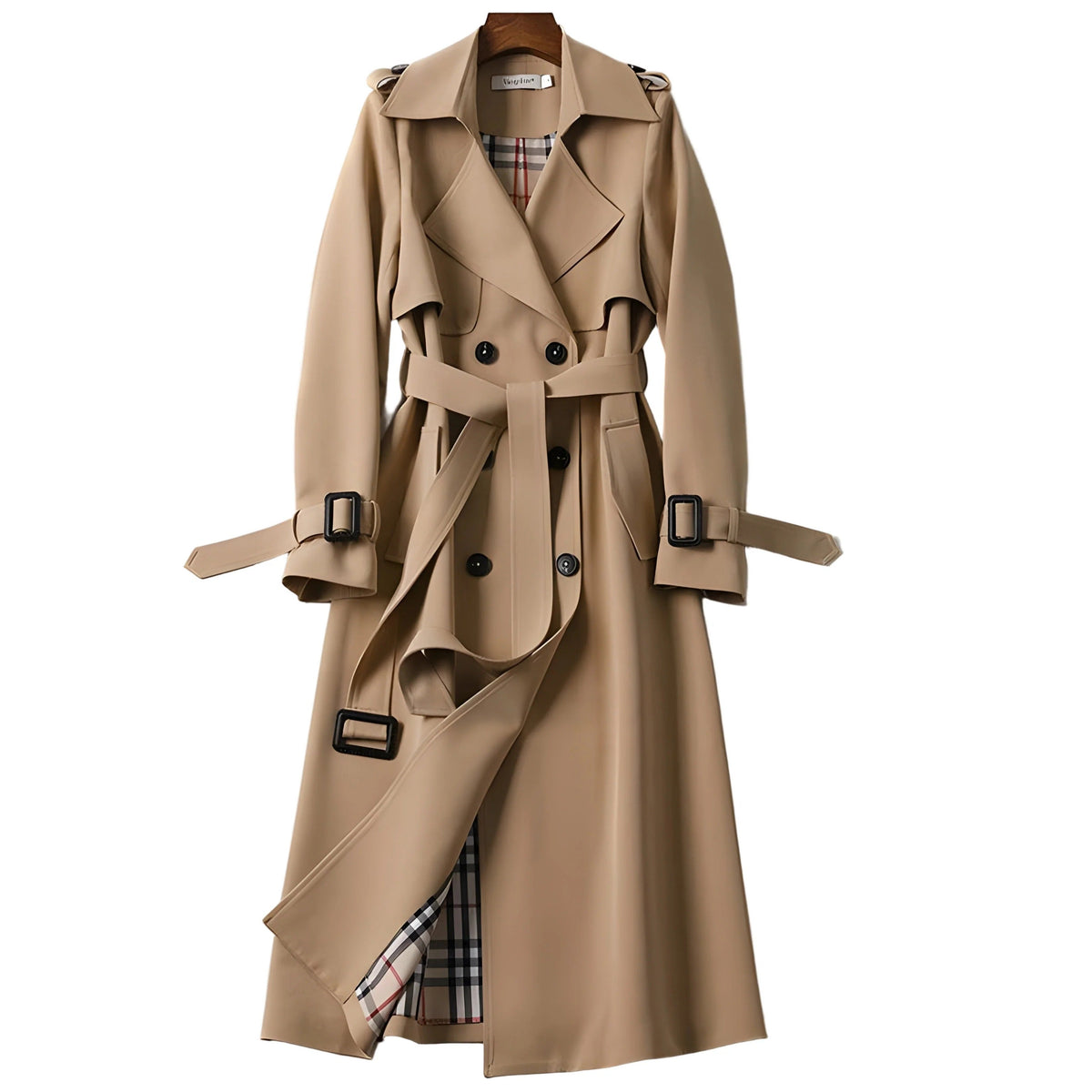Women's Wide-Lapel Gabardine Trench Coat with Adjustable Belt - Beige