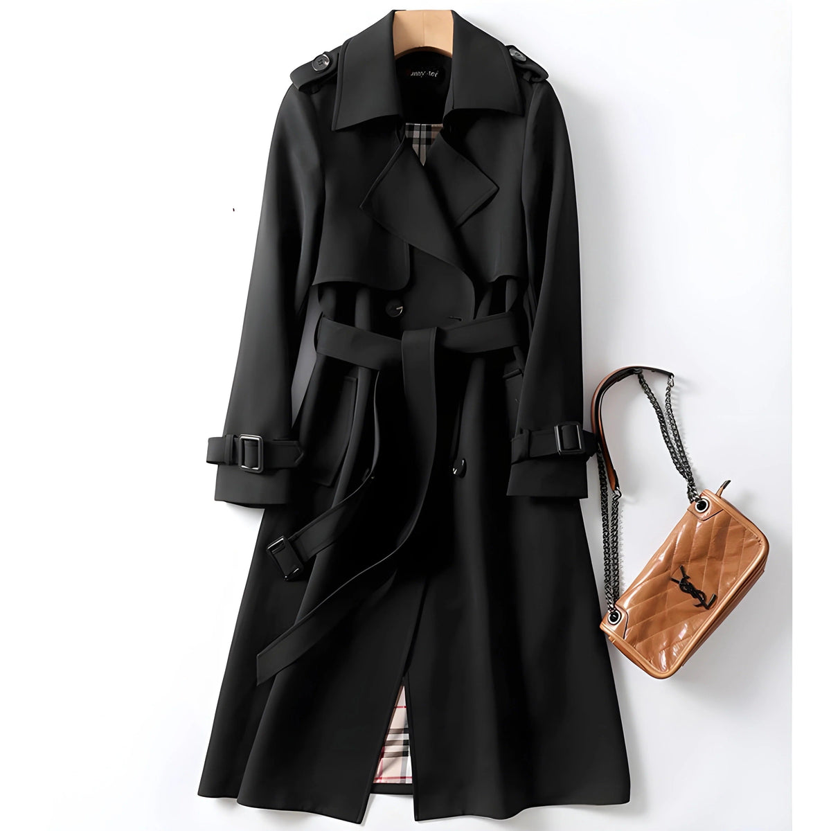 Women's Wide-Lapel Gabardine Trench Coat with Adjustable Belt - Black