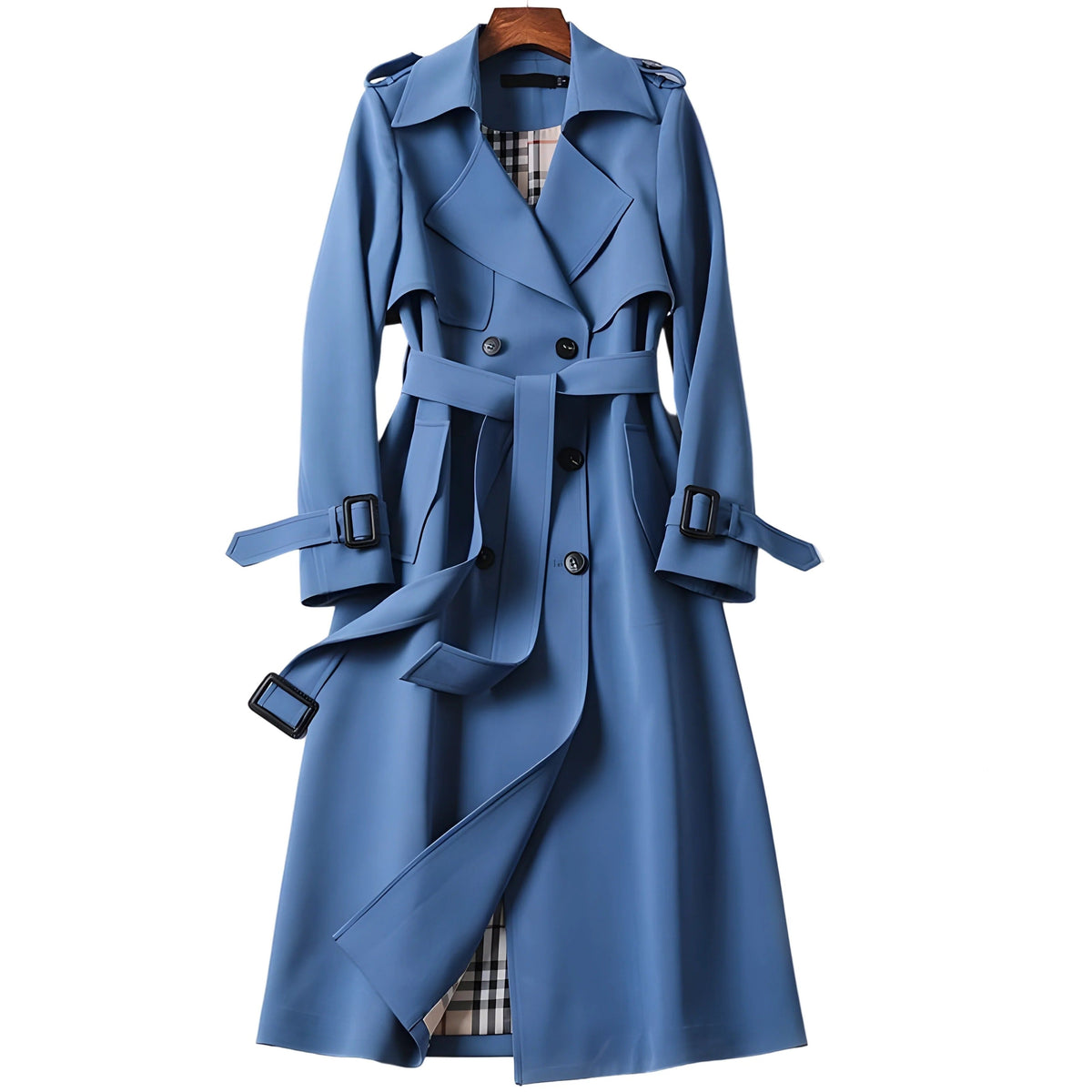 Women's Wide-Lapel Gabardine Trench Coat with Adjustable Belt - Blue