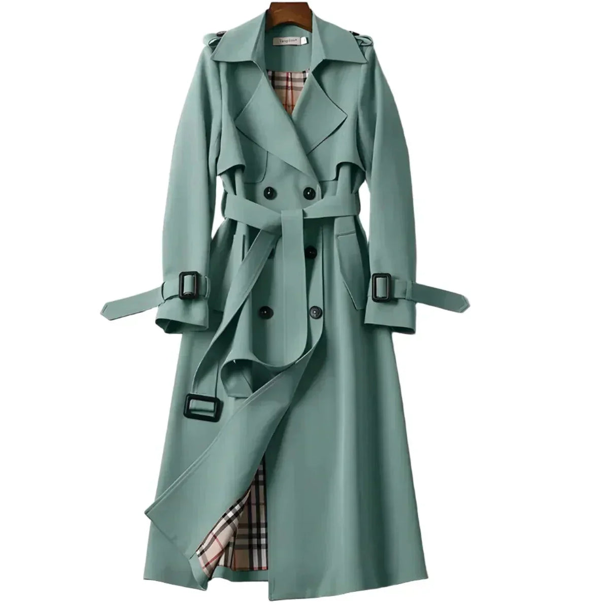 Women's Wide-Lapel Gabardine Trench Coat with Adjustable Belt - Sage Green