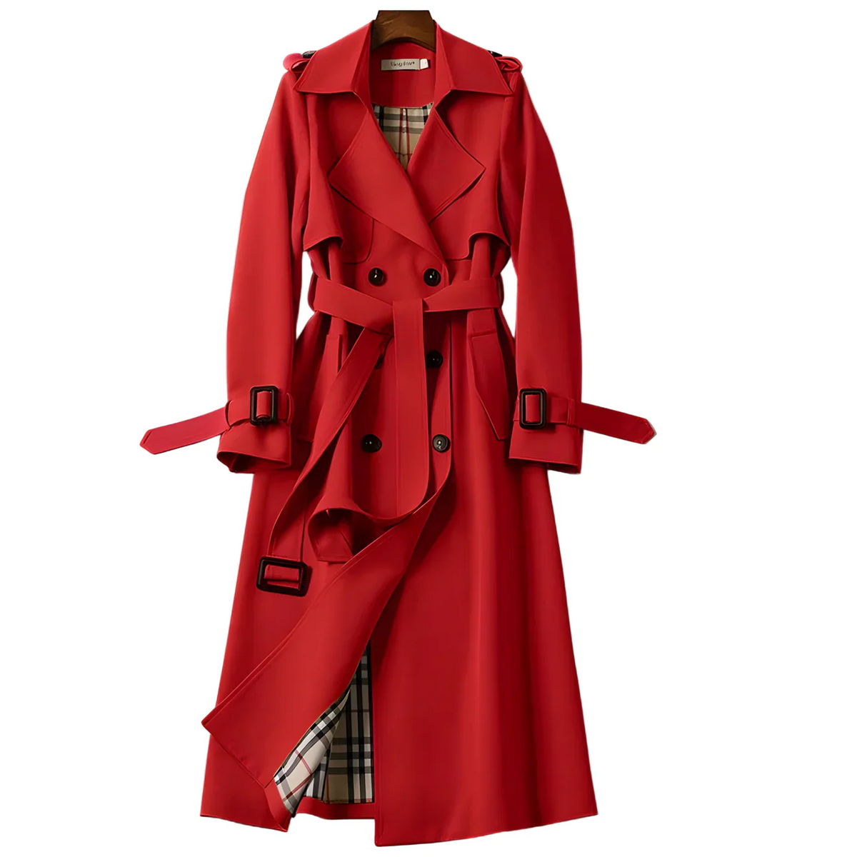 Women's Wide-Lapel Gabardine Trench Coat with Adjustable Belt - Red