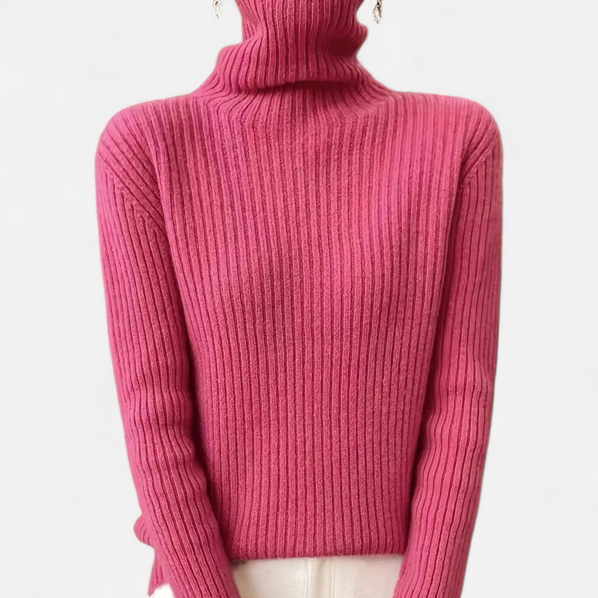 Women's Flared Umbrella-Hem Ribbed Polo Neck Jumper - Dark Pink