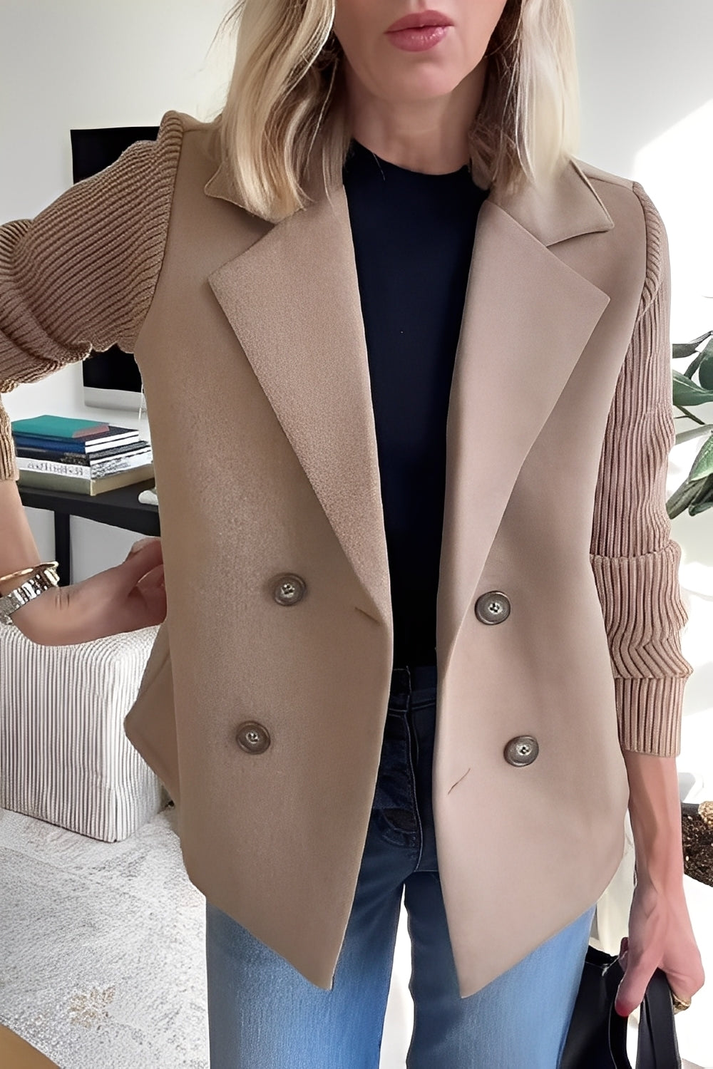 Women's Tailored Hybrid Coat with Ribbed Knit Sleeves and Notch Lapels - Khaki