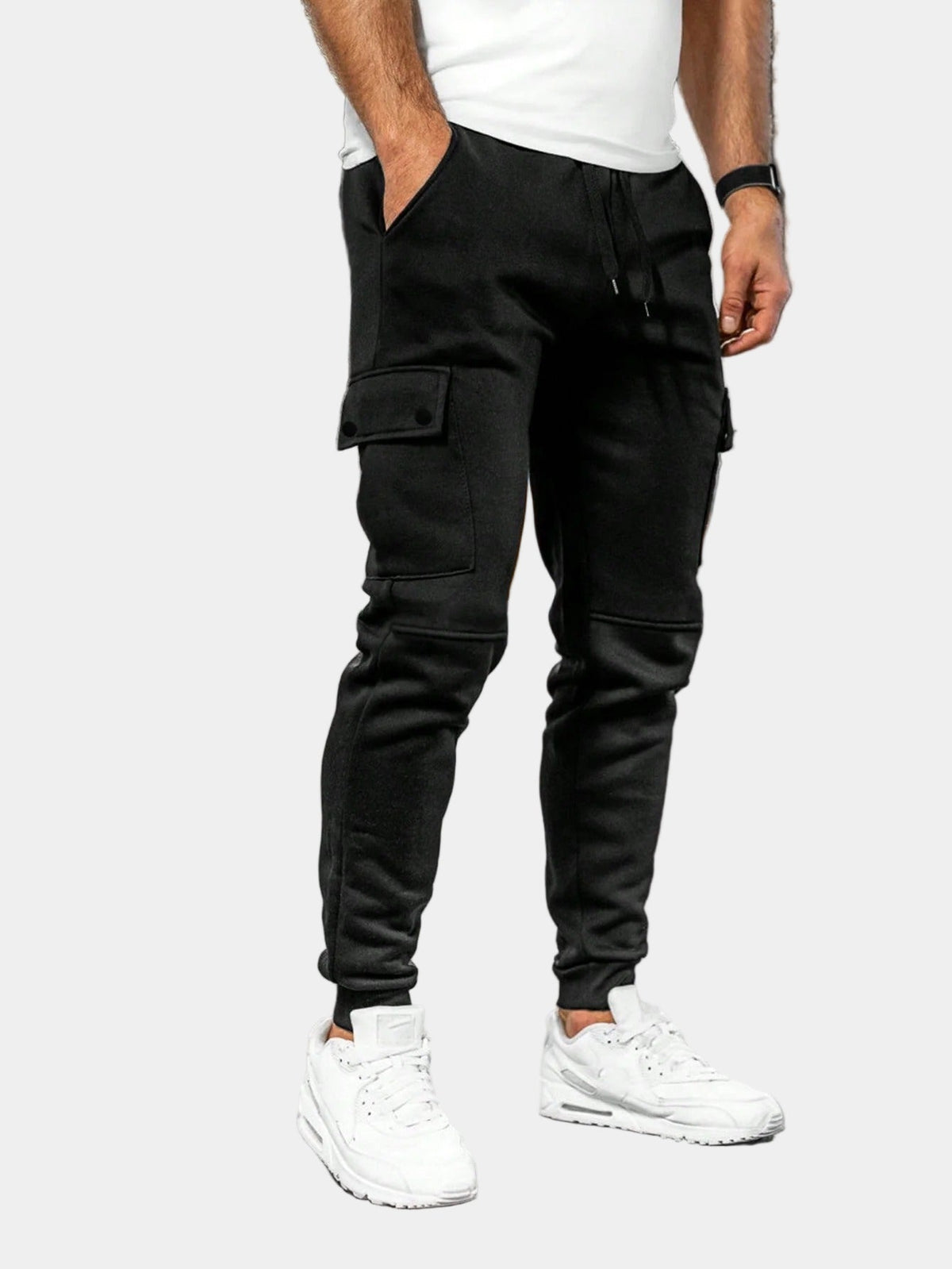 Men's Flap-Pocket Cargo Tracksuit Bottoms with Tapered Leg - Black