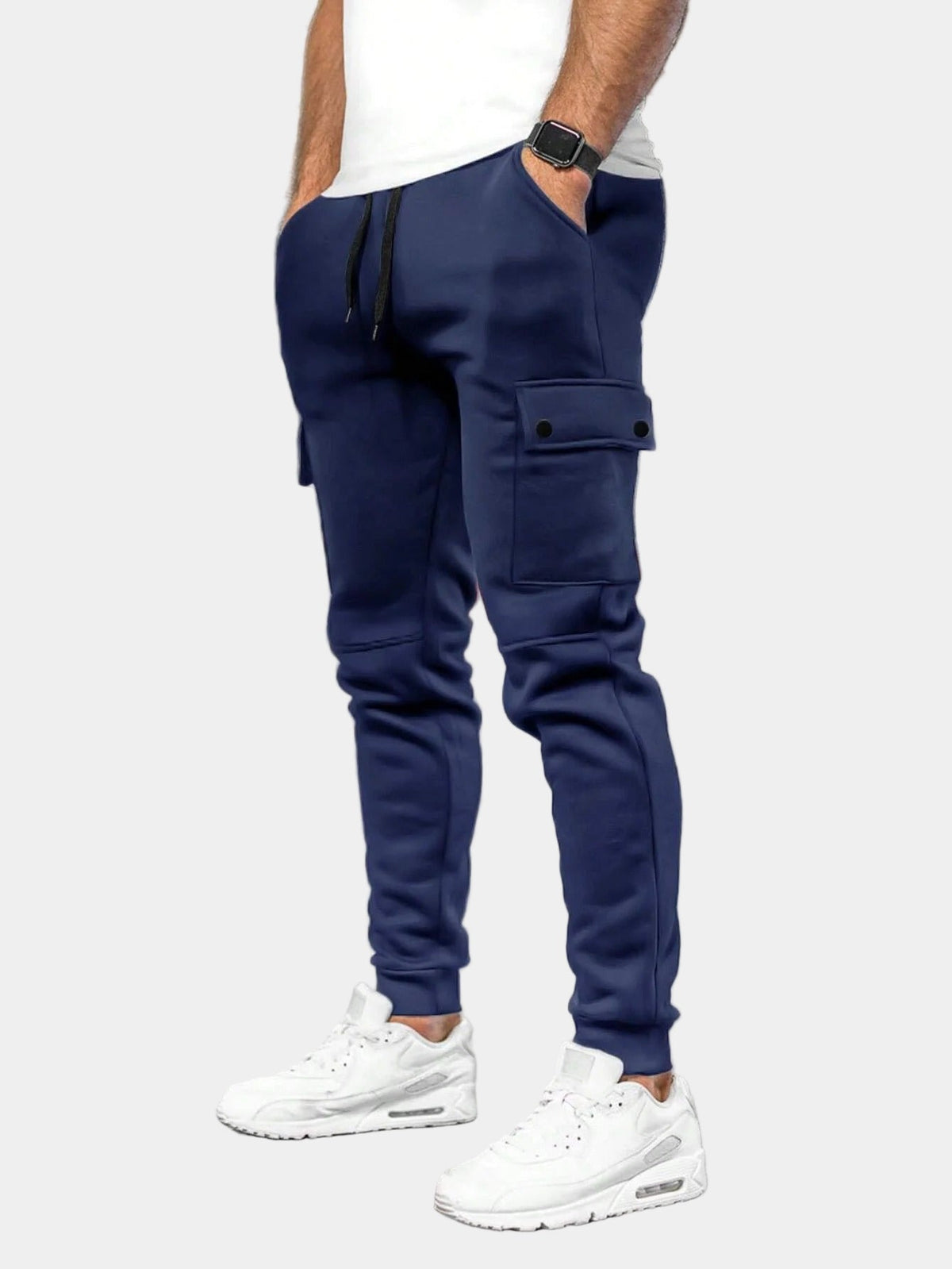 Men's Flap-Pocket Cargo Tracksuit Bottoms with Tapered Leg - Dark Blue