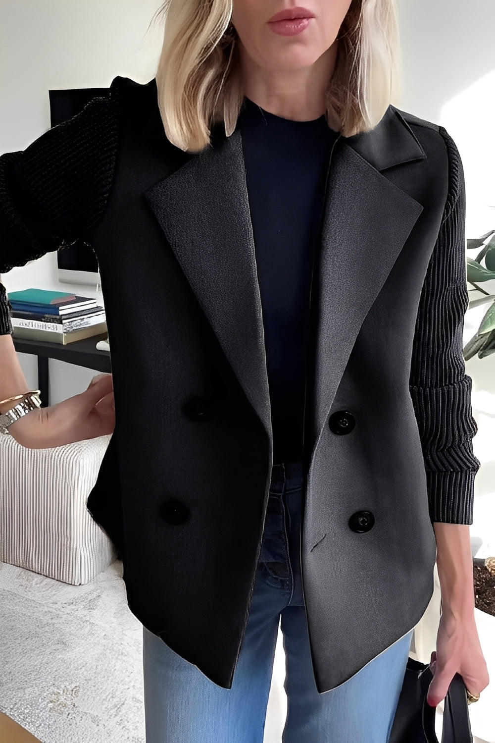 Women's Tailored Hybrid Coat with Ribbed Knit Sleeves and Notch Lapels - Black