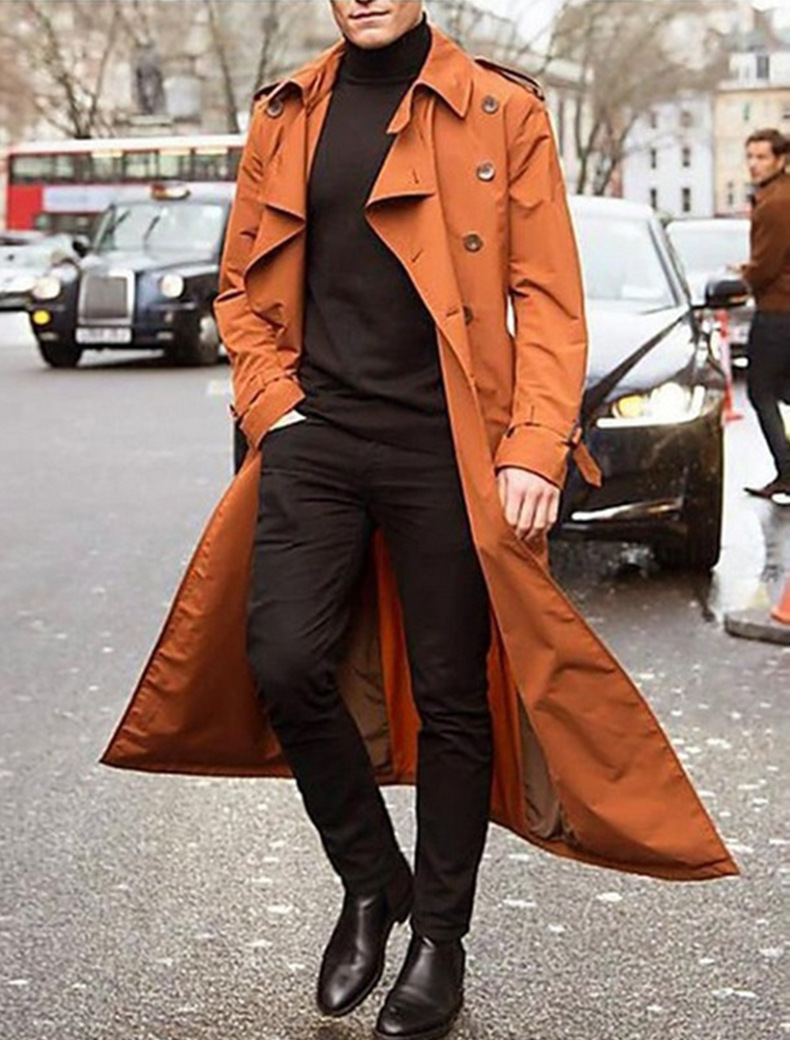Men's Below-Knee Double-Breasted Trench with Broad Notched Lapels - Orange