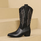 Women's Embroidered-Wing Cowgirl Boots with Stacked Heel