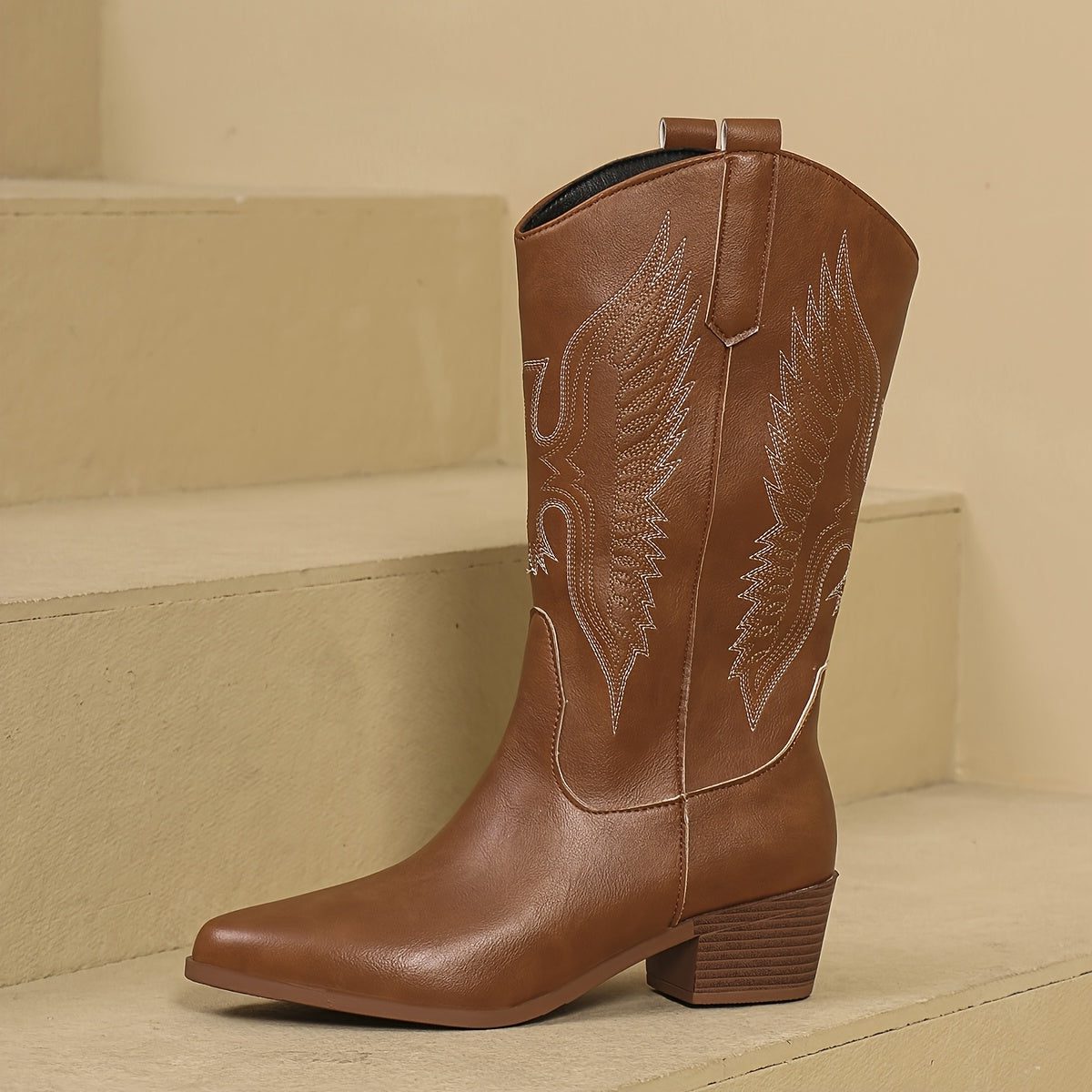 Women's Embroidered-Wing Cowgirl Boots with Stacked Heel