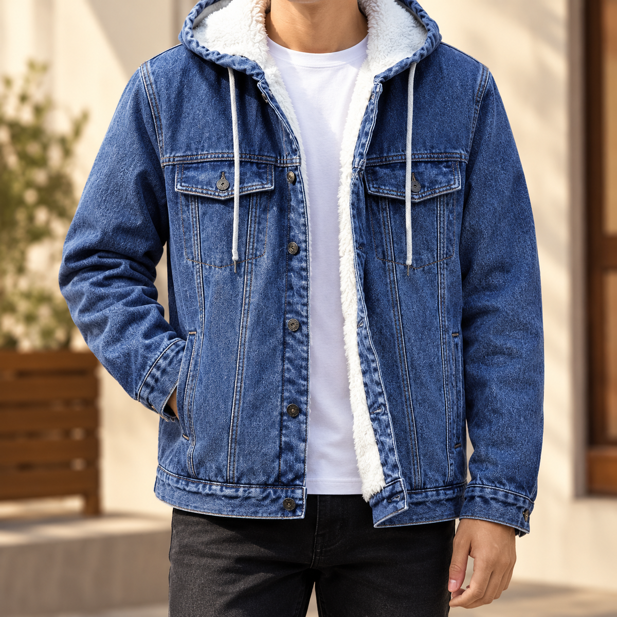Men's Soft-Lined Jean Jacket with Drawcord Hood and Four Pockets